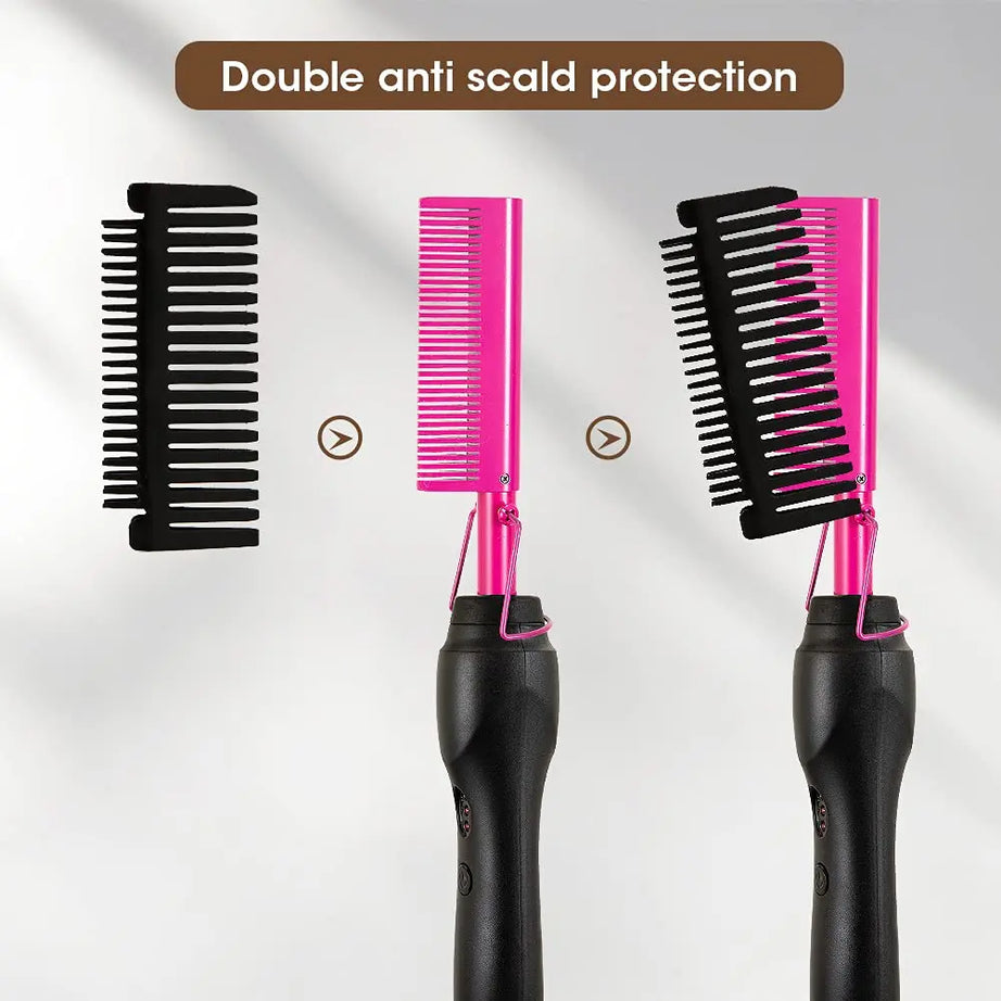 Peigne chauffant électrique rose, fer à lisser pour cheveux, barbe et perruques, utilisable sur cheveux secs ou mouillés.