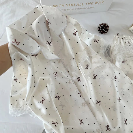New Korean-Style Elegant Young Ladies' Pyjamas Summer New Arrival Short-Sleeved Polka Dot Bow Ice Silk Pyjama Set Homewear Set