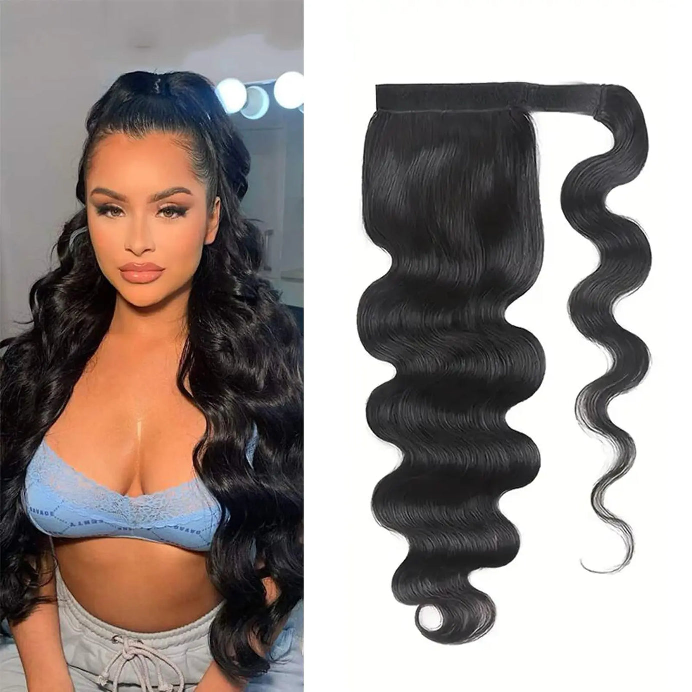 Queue de cheval lisse de 25 à 80 cm, confectionnée à la machine, avec clips magiques, extensions de cheveux humains brésiliens Remy noirs et bouclés.