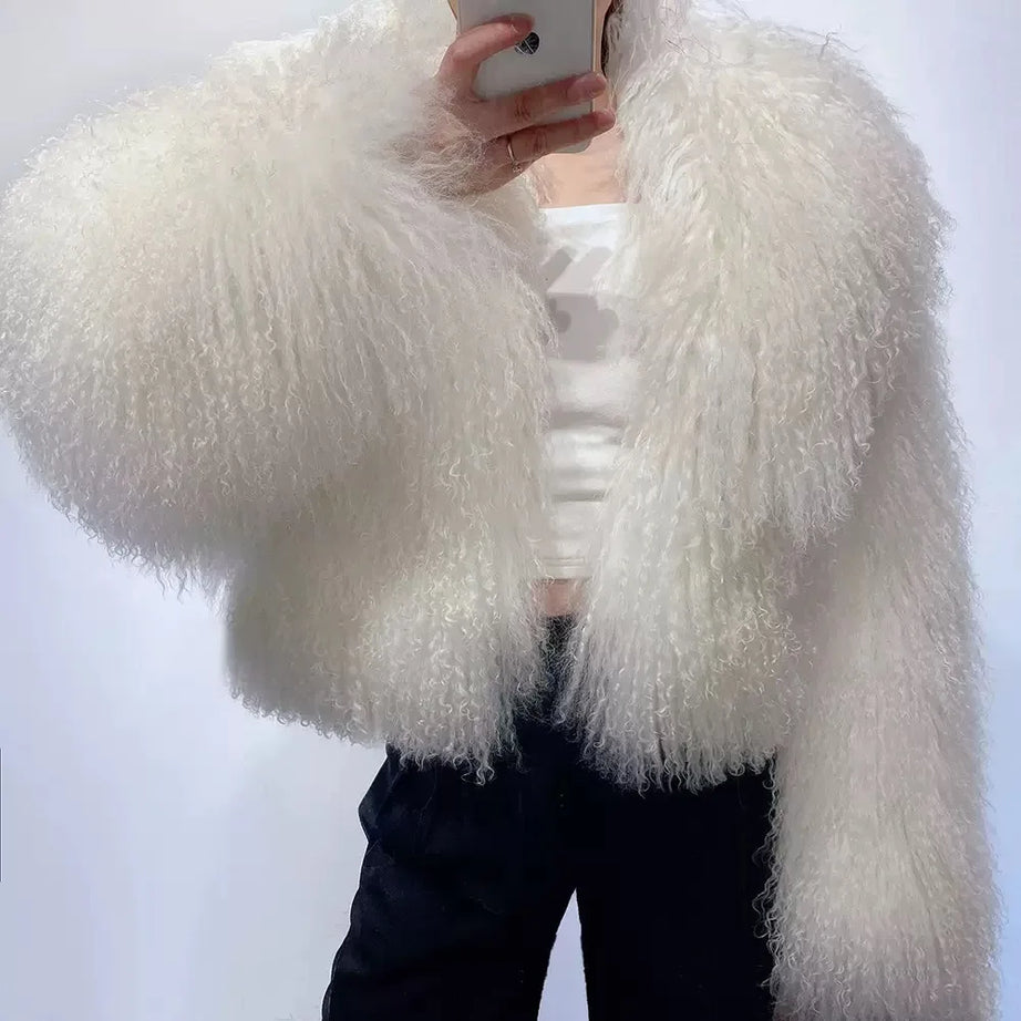 Manteau court en véritable fourrure de mouton de Mongolie, manches longues, pour femme.