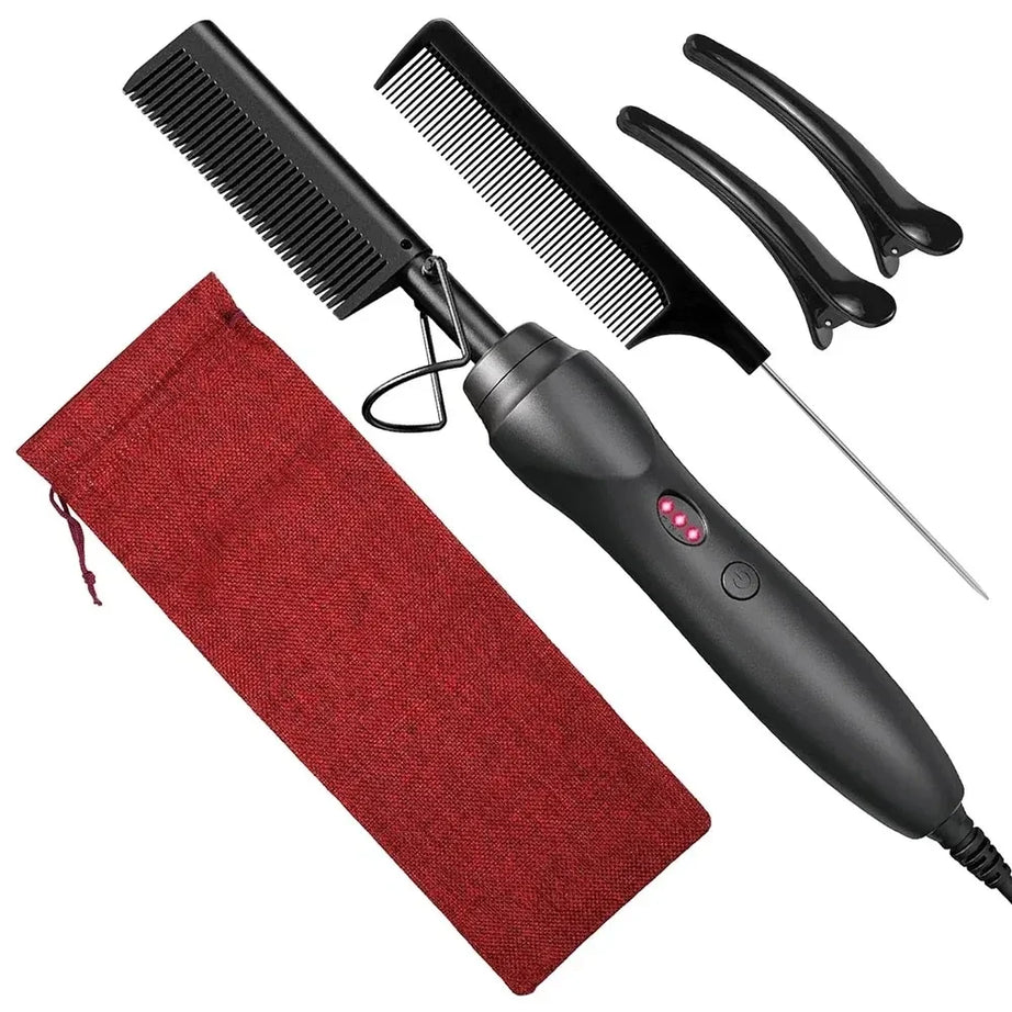 Peigne chauffant électrique rose, fer à lisser pour cheveux, barbe et perruques, utilisable sur cheveux secs ou mouillés.