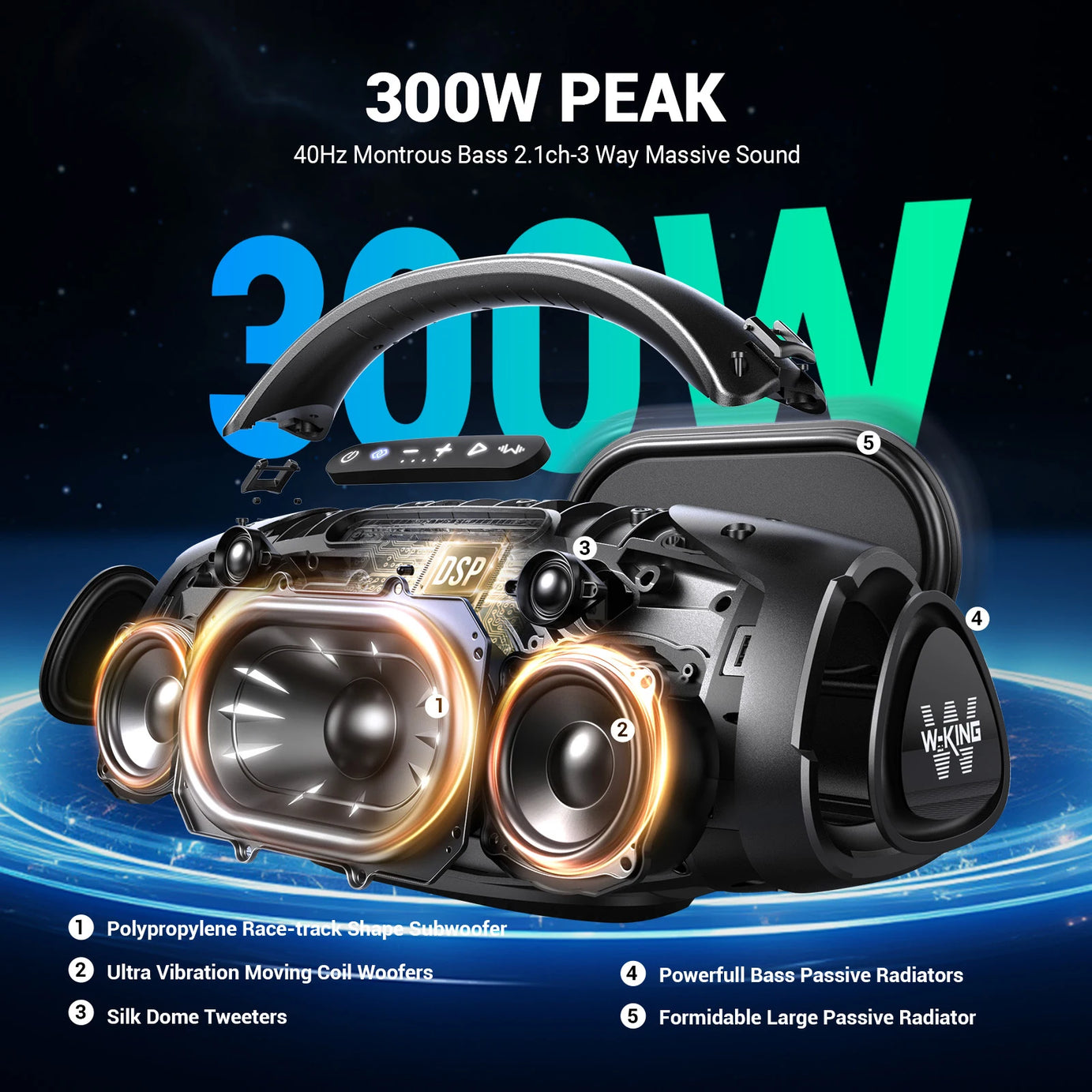 Enceinte Bluetooth portable W-KING 200 W RMS, boombox de fête aux basses puissantes, enceinte étanche IPX7, grande enceinte puissante pour l'extérieur