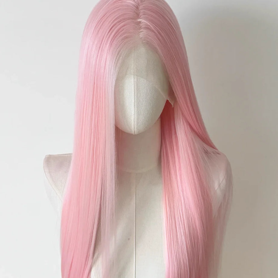 Perruque rose clair pour femme, perruque frontale en dentelle 13x4, 66 cm de long, lisse, en fibres synthétiques douces et naturelles résistantes à la chaleur, perruque cosplay