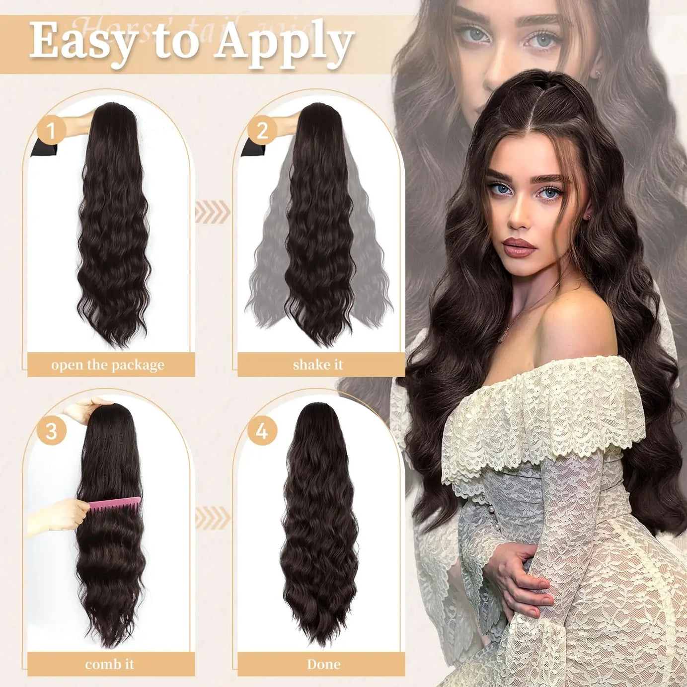 Queue de cheval ondulée longue de 45/65/75 cm avec cordon de serrage pour femme, extension de cheveux synthétiques marron pour un usage quotidien