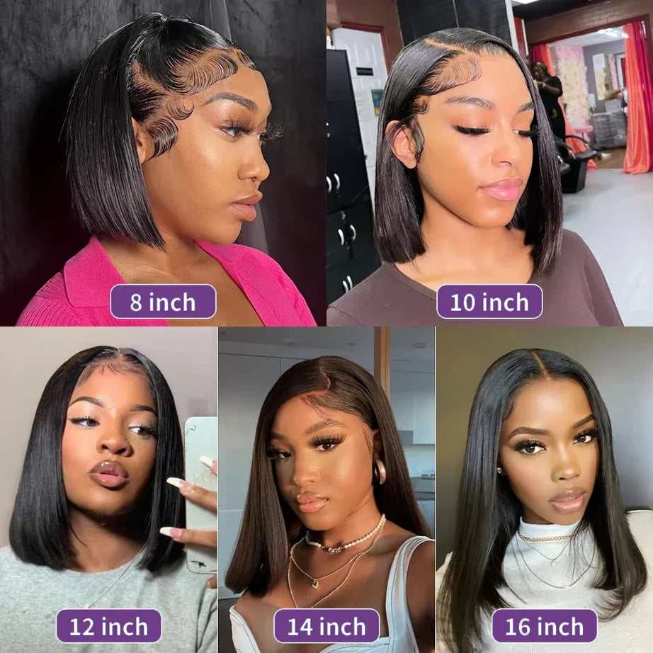 Perruque courte et lisse 13x4 avec lace front transparente 4x4, densité 200%, 100% cheveux humains, pré-épilée, pour femmes noires, 12 à 16 pouces.