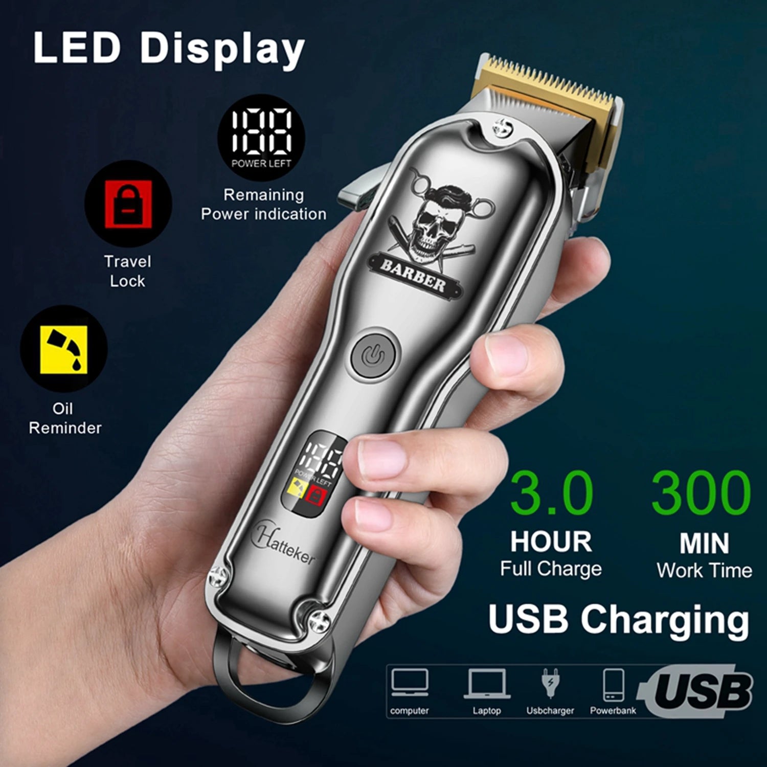 Tondeuse à cheveux professionnelle HATTEKER, tondeuse à barbe, tondeuse électrique sans fil rechargeable par USB pour hommes