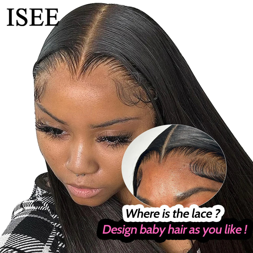 Perruques ISEE Hair sans colle, cheveux humains, prêtes à porter, lisses, pré-épilées, faciles à porter, avec lace front 7x5HD et dentelle prédécoupée.