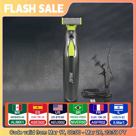 Rasoir électrique MLG pour hommes et femmes, portable, pour le corps entier, avec lame en T et port USB, idéal pour la barbe et les aisselles. Lavable.