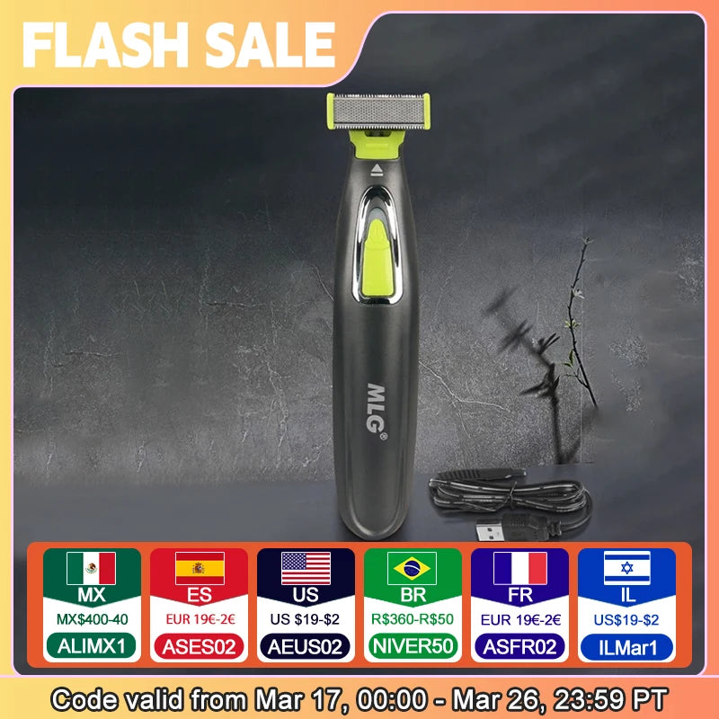 Rasoir électrique MLG pour hommes et femmes, portable, pour le corps entier, avec lame en T et port USB, idéal pour la barbe et les aisselles. Lavable.