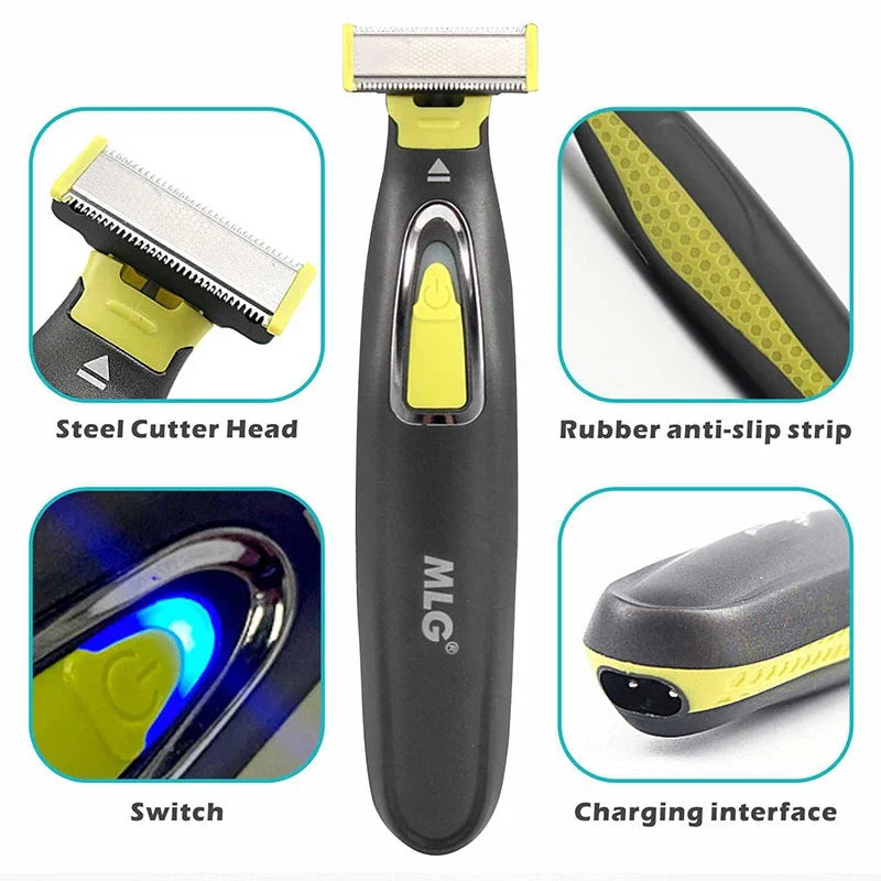 Rasoir électrique MLG pour hommes et femmes, portable, pour le corps entier, avec lame en T et port USB, idéal pour la barbe et les aisselles. Lavable.