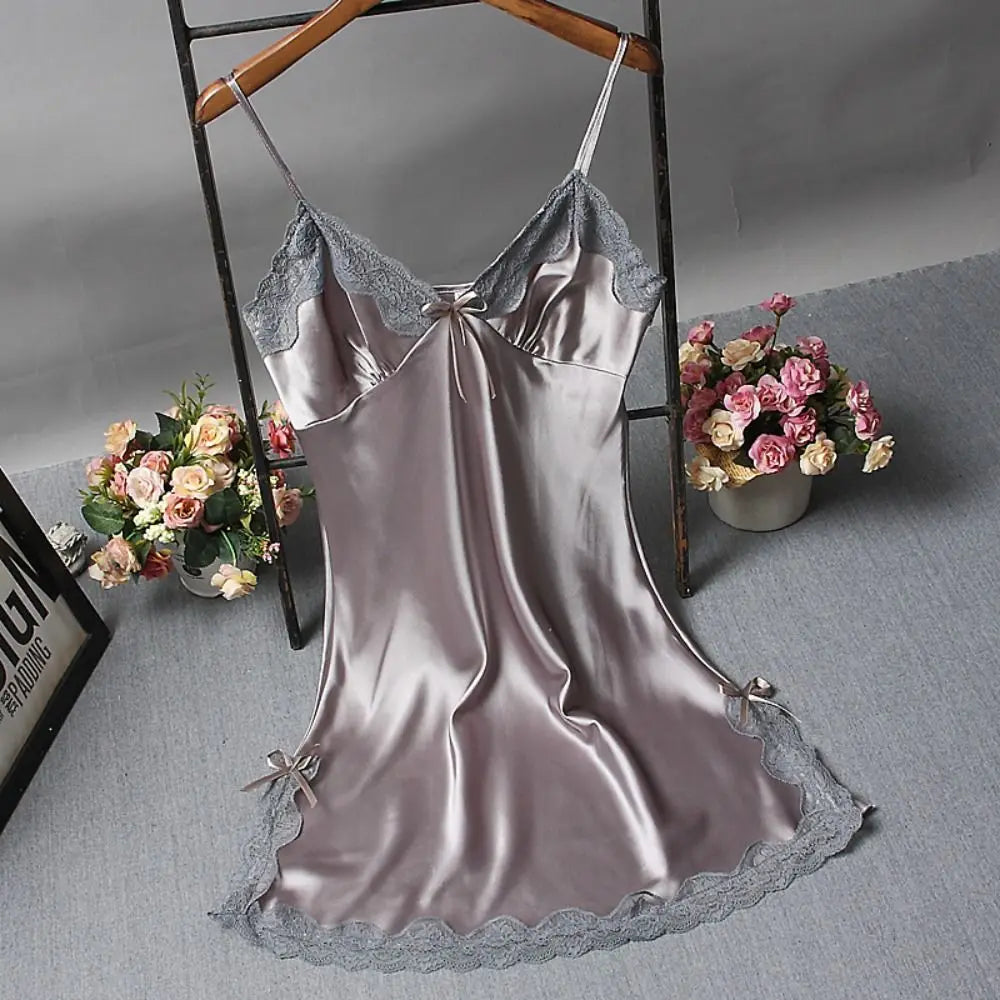 Chemise de nuit en dentelle patchwork pour femme, robe en soie avec nœud papillon, lingerie, nuisette pour femme