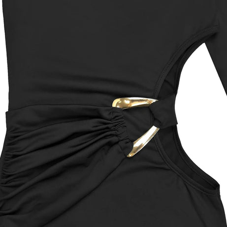 Beyprern Beautiful One Sleeve Cut-Out Metal Tirm Long Maxi Dress For Women Glam Solid Color Slim Party Dress Christmas Outfits