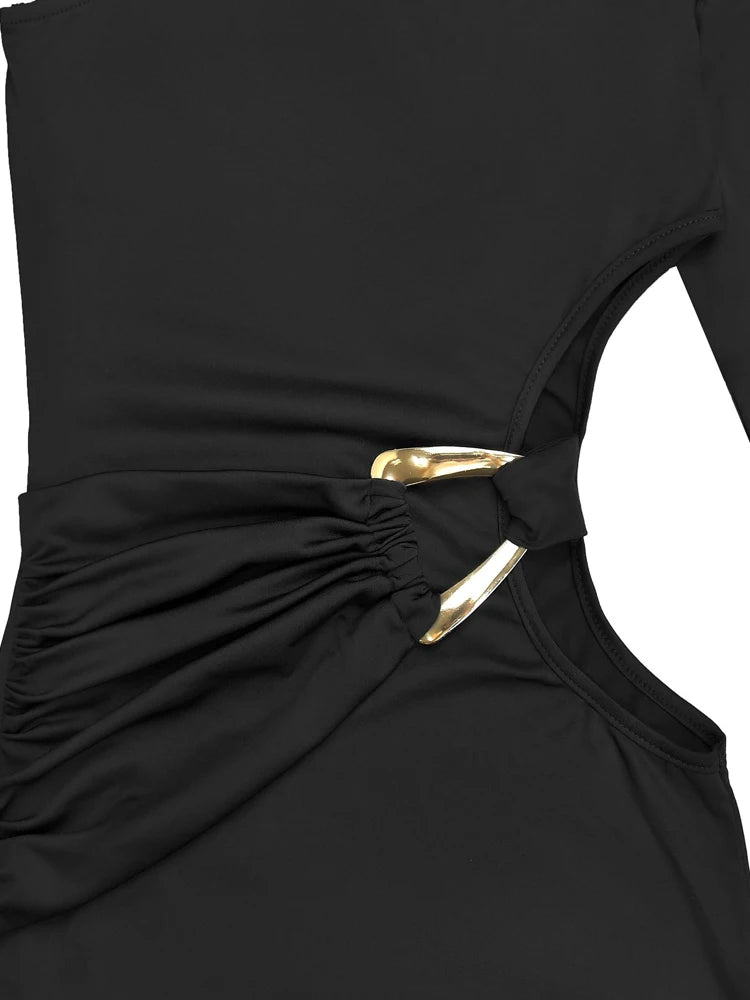Beyprern Beautiful One Sleeve Cut-Out Metal Tirm Long Maxi Dress For Women Glam Solid Color Slim Party Dress Christmas Outfits