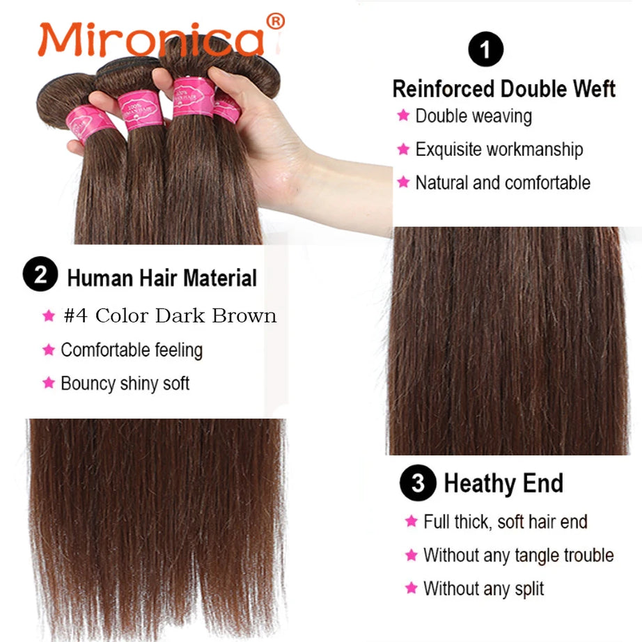 Extensions de cheveux humains Remy, brun chocolat lisse, longueur 1/3/4, 100 g/pièce