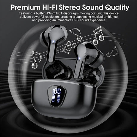 Nouveaux écouteurs sans fil HiFi stéréo BT5.3 avec réduction de bruit ENC, autonomie de 48 h, affichage LED, étanches IP7.