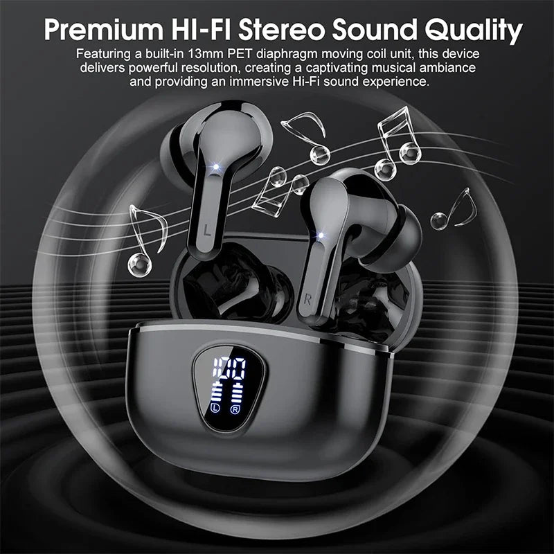 Nouveaux écouteurs sans fil HiFi stéréo BT5.3 avec réduction de bruit ENC, autonomie de 48 h, affichage LED, étanches IP7.