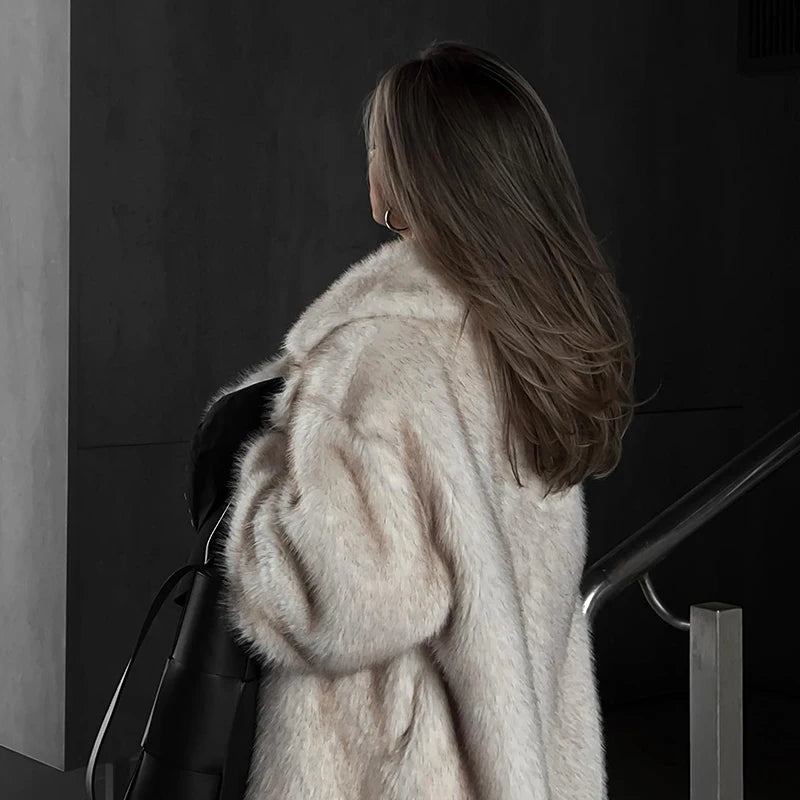 Neo Mint Vintage Luxury Long Faux Fox Fur Coat Women 2024 Winter Warm Fluffy Fur Jacket Female Street Furry Outerwear Overcoat