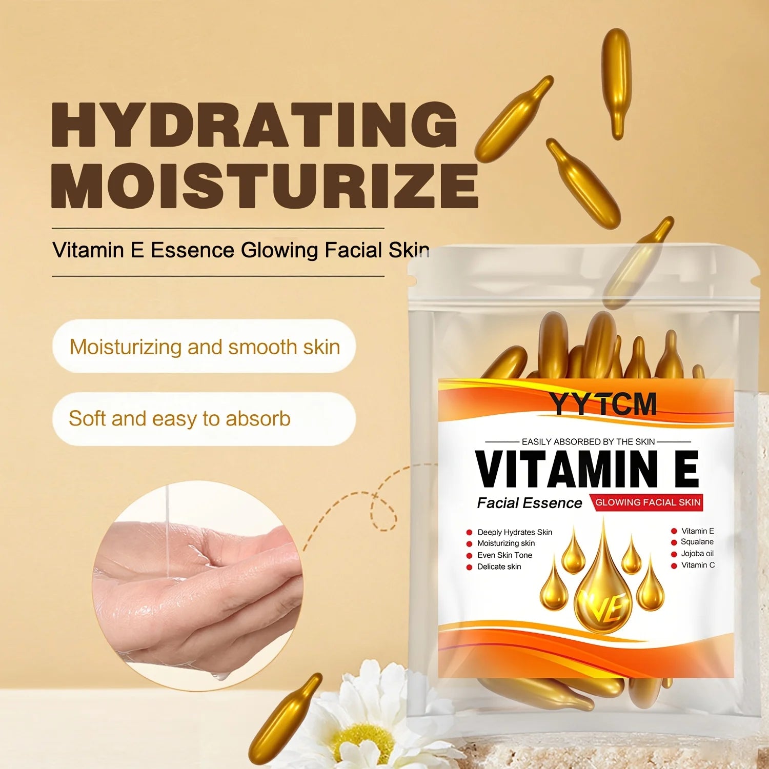 Capsules d'essence hydratante intense à la vitamine E, hydrate et lisse la peau, contient du squalane végétal et de la vitamine C. Essence hydratante et illuminatrice pour le teint (0,4 g x 30 capsules) / 1 sachet