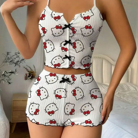 Ensemble pyjama short à bretelles courtes Spice Girl, nouveau dessin animé Hello Kitty, débardeur fin, short, idéal pour se détendre à l'extérieur.