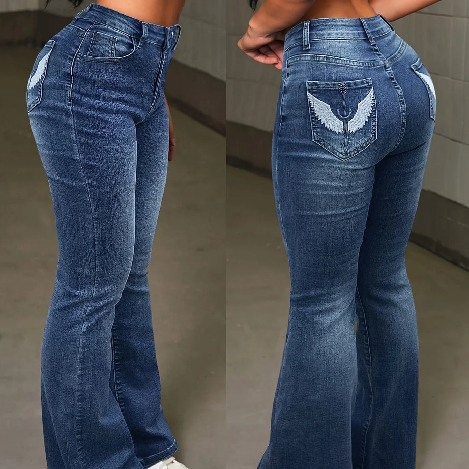 Jean skinny taille haute stretch décontracté style années 2000, brodé d'ailes, coupe évasée, style rétro sexy avec poches, idéal pour les festivals et les femmes.