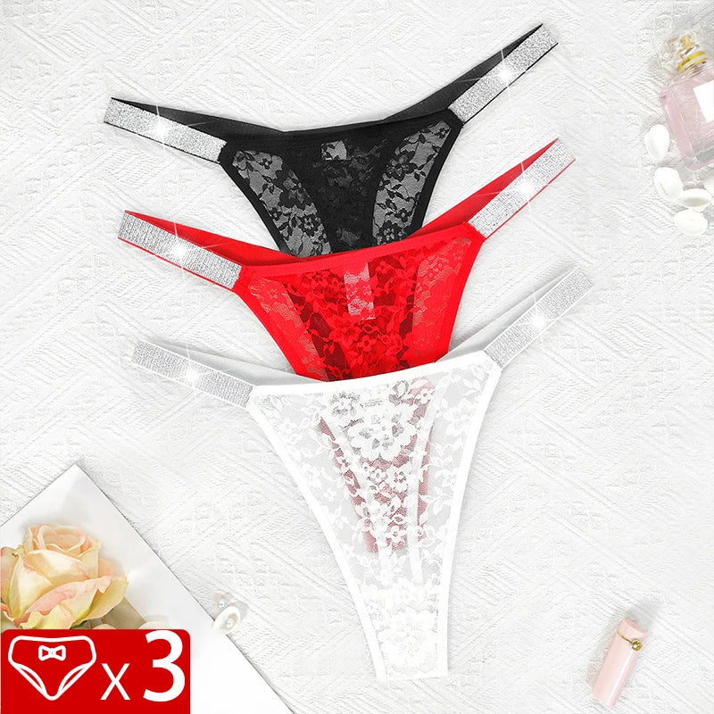 Lot de 3 strings sexy en dentelle pour femme, culottes fleuries transparentes, taille basse, deux ceintures brillantes, string confortable, lingerie intime