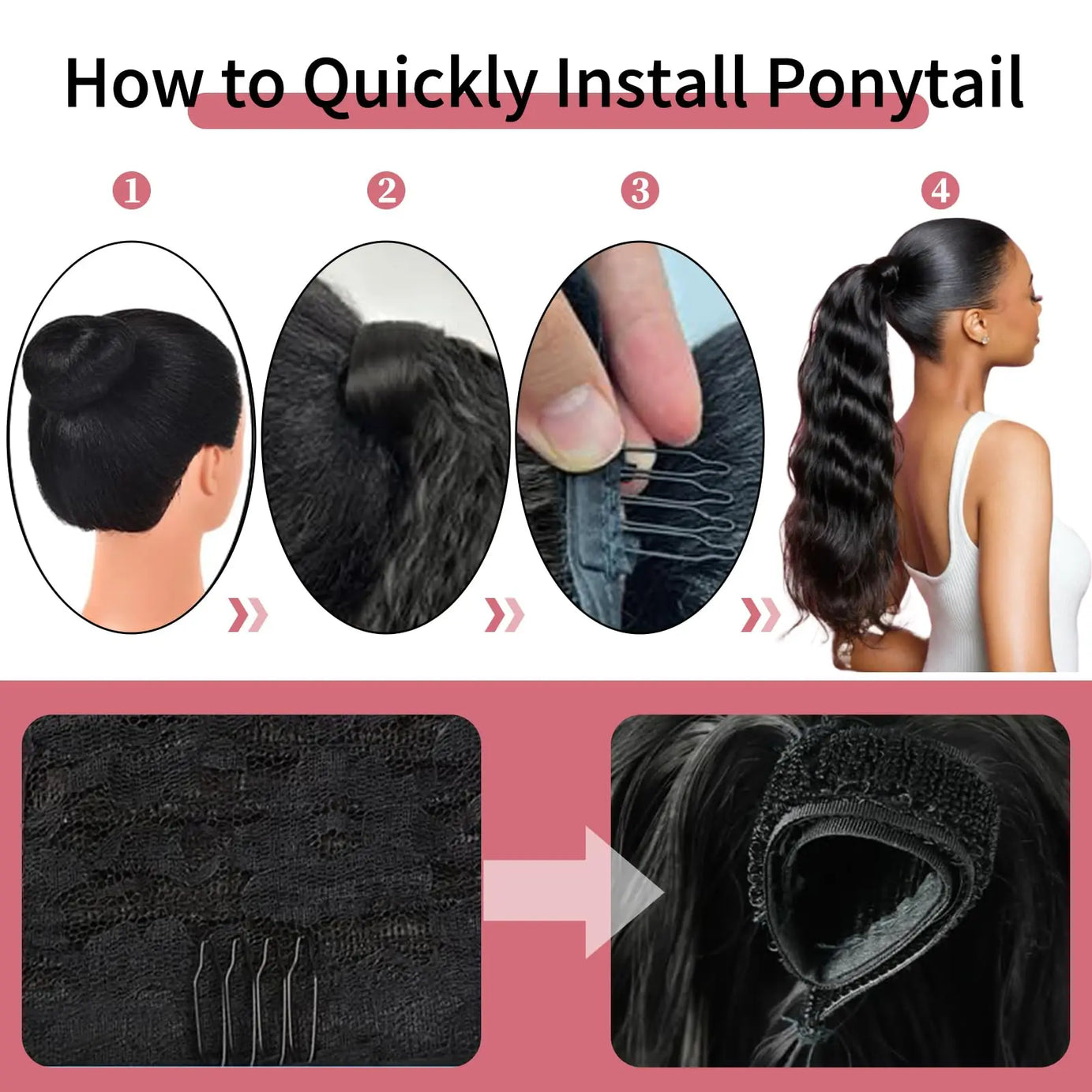 Queue de cheval lisse de 25 à 80 cm, confectionnée à la machine, avec clips magiques, extensions de cheveux humains brésiliens Remy noirs et bouclés.