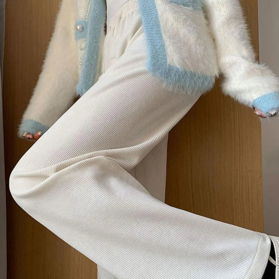 Pantalon polaire femme jambes larges, pantalon long d'hiver taille haute, coupe ample et décontractée