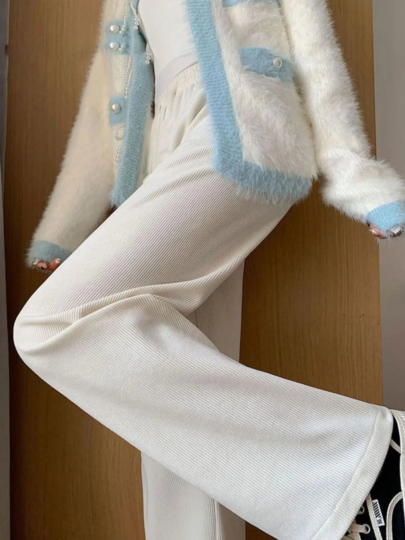 Pantalon polaire femme jambes larges, pantalon long d'hiver taille haute, coupe ample et décontractée