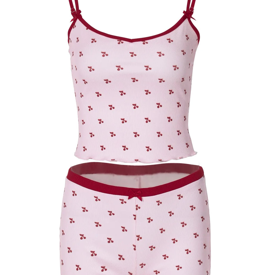 Ensemble pyjama 2 pièces Kawaii pour femme, débardeur sans manches et short à imprimé cerises, vêtement de nuit doux et confortable.