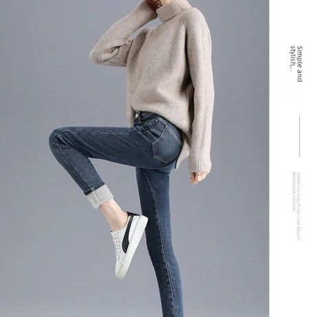 Jean d'hiver épais doublé polaire pour femme, amincissant, chaud et élastique, coupe crayon