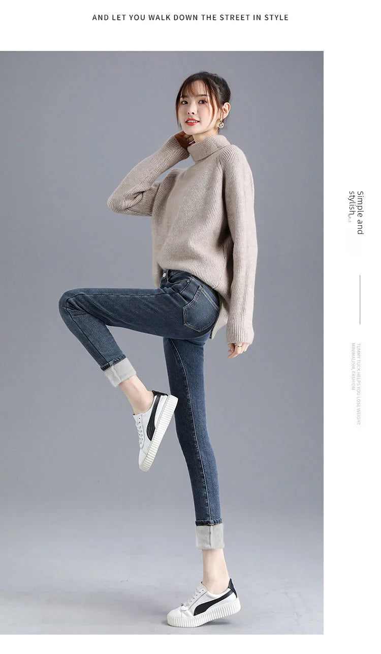 Jean d'hiver épais doublé polaire pour femme, amincissant, chaud et élastique, coupe crayon