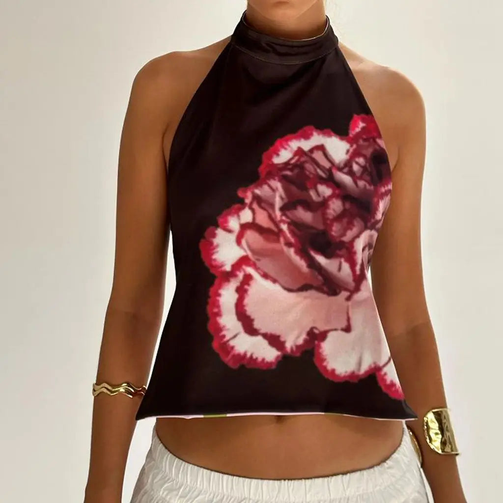 Combhasaki Débardeurs d'été pour femmes, style années 2000, à boutons, col halter, sans manches, dos nu, imprimé à pois/fleurs tie-dye