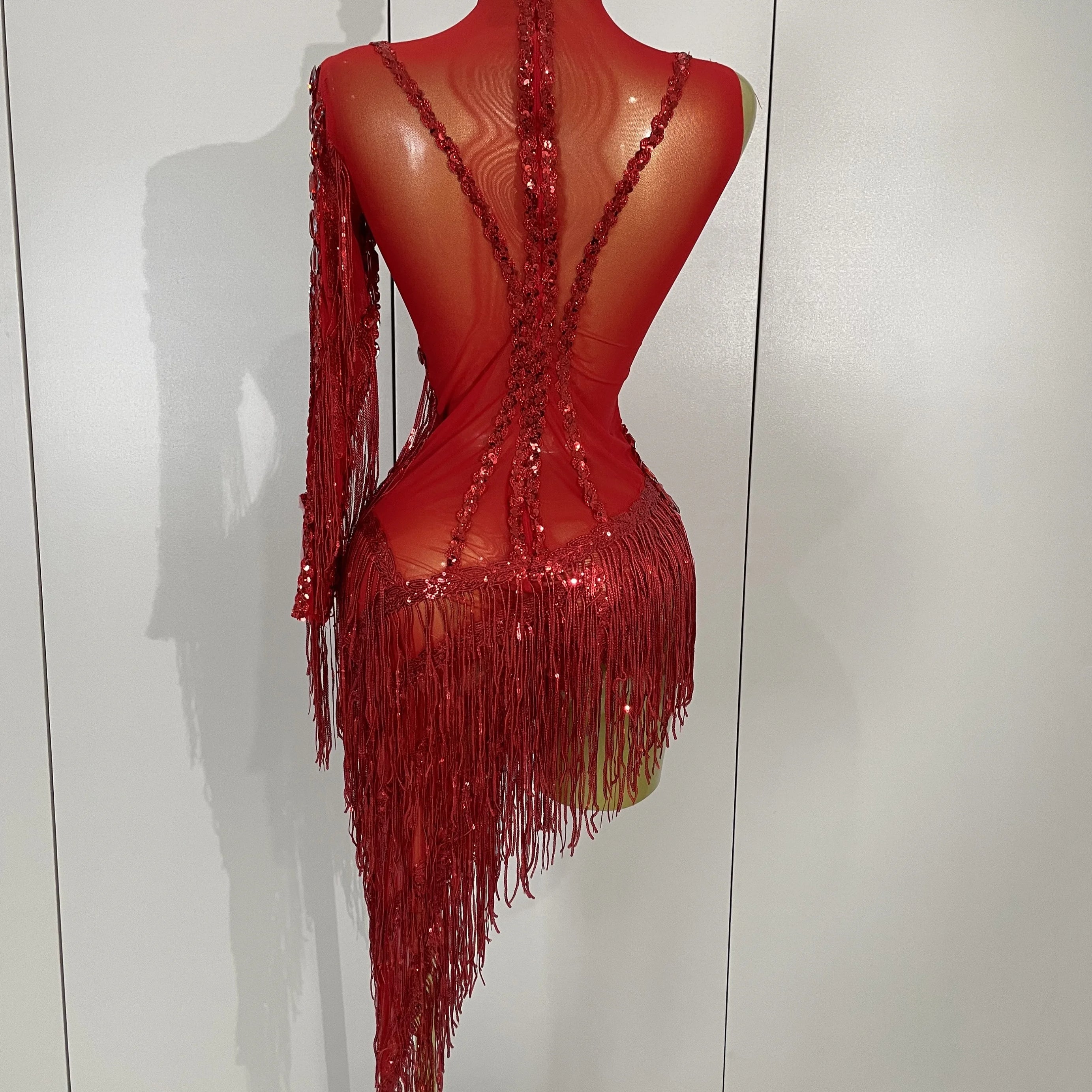 New Stage Costume Sparkly Rhinestones Tassel Sexy See-Through Dress Women One Shoulder Latin Dance Bars Nightclub Party Outfits