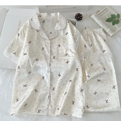New Korean-Style Elegant Young Ladies' Pyjamas Summer New Arrival Short-Sleeved Polka Dot Bow Ice Silk Pyjama Set Homewear Set