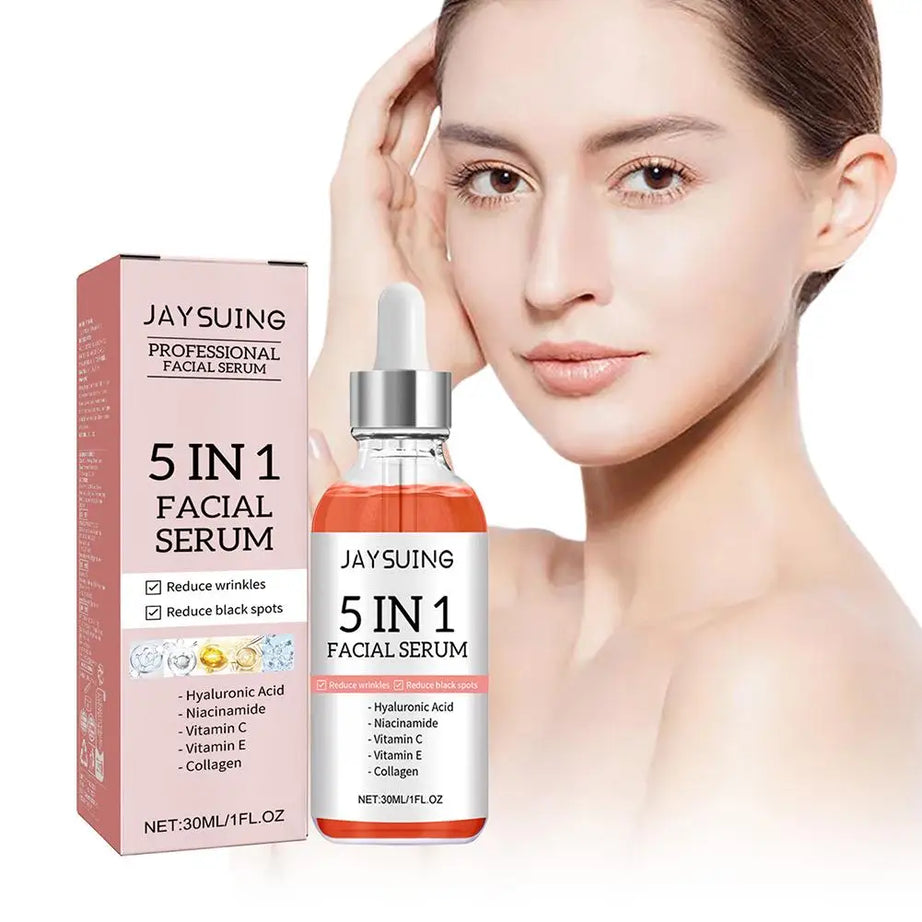 Sérum visage 5 en 1 : Atténue les ridules, raffermit, hydrate et illumine le teint, enrichi en vitamine C et en acide hyaluronique, resserre les pores. Soin de la peau.