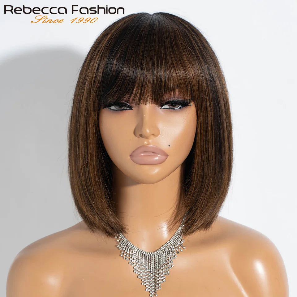 Perruques en cheveux humains lisses avec frange, raie au milieu, coupe au carré, style brésilien, effet cuir chevelu réaliste.