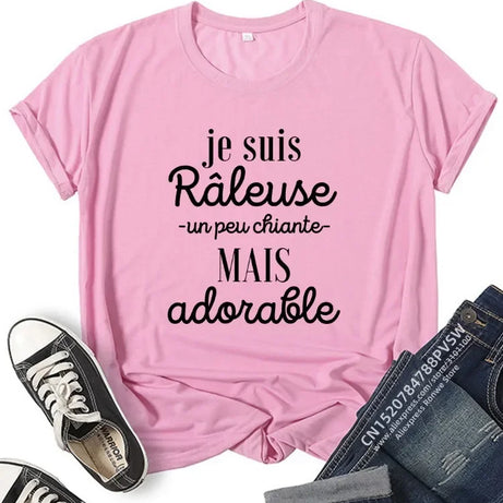 Hauts Harajuku noirs, roses et rouges, vêtements pour femmes, France, t-shirt graphique amusant avec inscription, style fille, manches courtes
