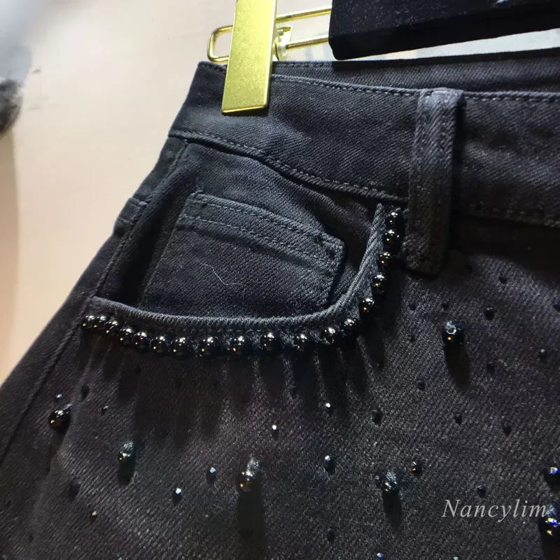 Jean en dentelle ajourée européenne 2025 pour femme, été, nouveau pantalon en denim noir à dentelle, perles industrielles lourdes, empiècements en denim à motif diamant, crochet