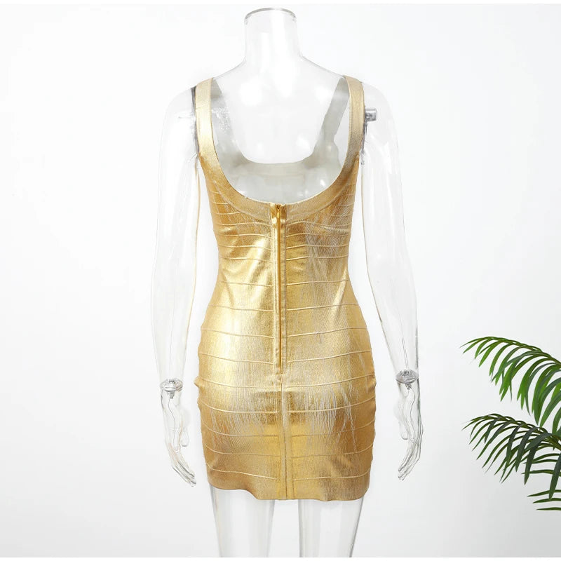 Robe mini sans manches dorée métallisée brillante, robe moulante brillante à bretelles, tenue glamour pour soirée, cocktail, bal de promo, mariage, invitée, cérémonie