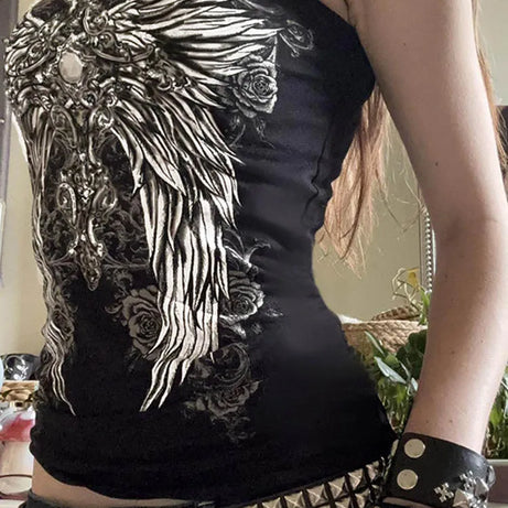 Débardeur noir sans bretelles à imprimé gothique pour femme, coupe skinny, court, style décontracté chic estival, streetwear Y2K, basique