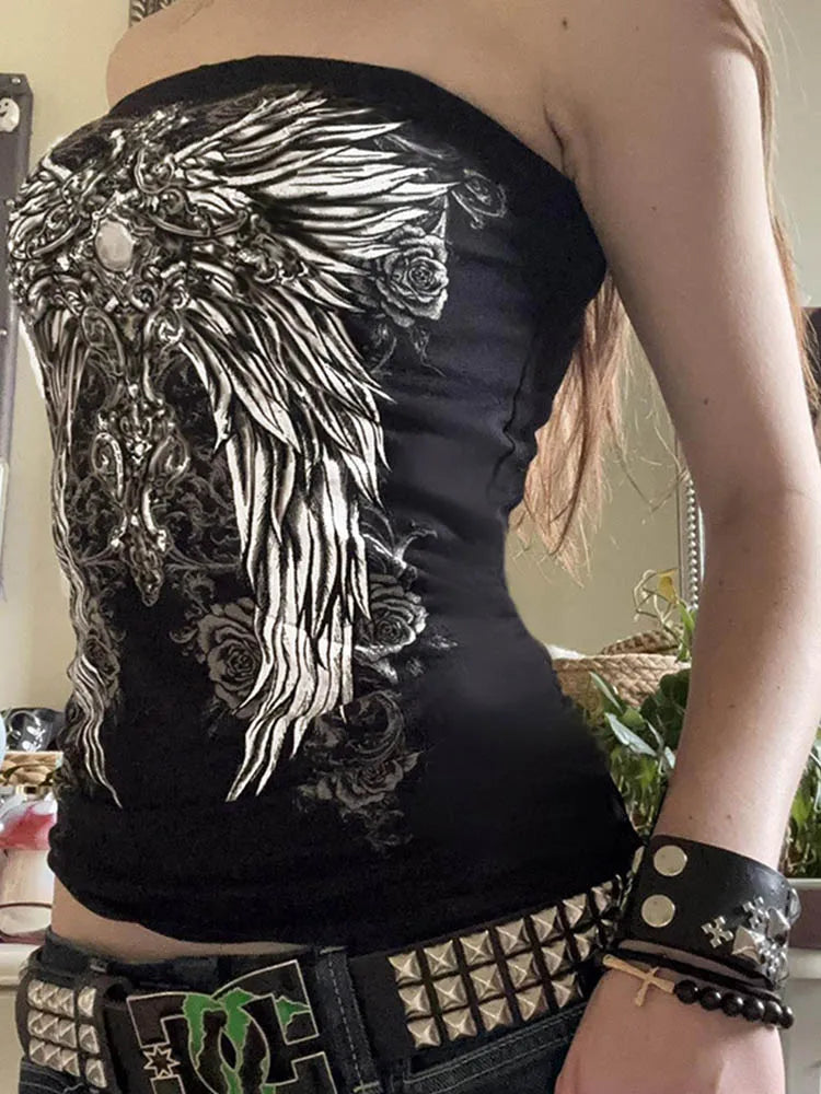 Débardeur noir sans bretelles à imprimé gothique pour femme, coupe skinny, court, style décontracté chic estival, streetwear Y2K, basique