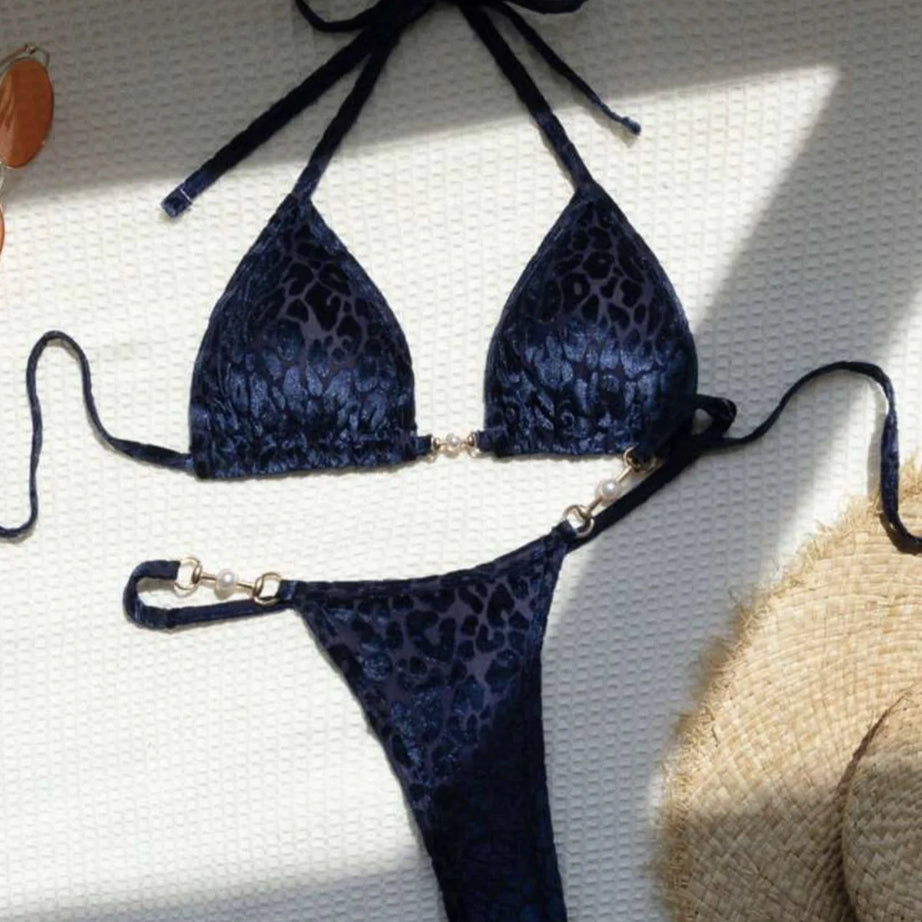 Micro bikini rose brillant 2025 Femme Sexy PU Perles Push-up String Maillot de bain été Maillot de bain bandage vacances