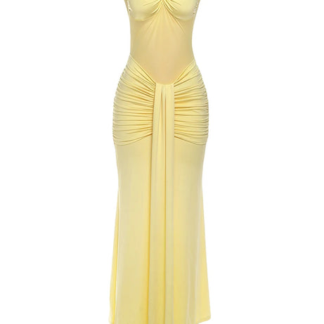 Robe maxi élégante patchwork pour femme, style classique et sexy, avec rubans transparents, dos nu et bretelles fines, coupe moulante, tendance festival et soirée.