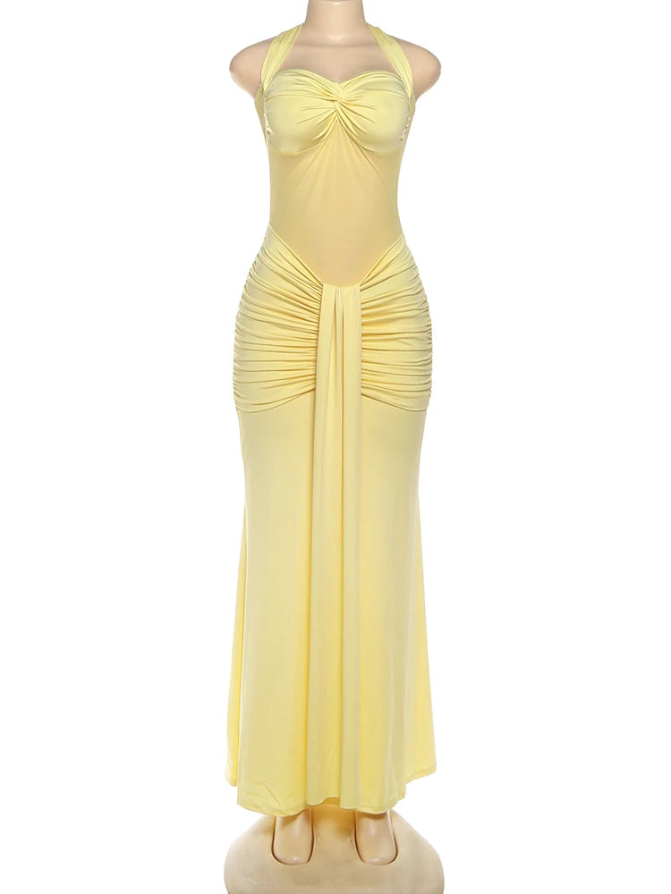 Robe maxi élégante patchwork pour femme, style classique et sexy, avec rubans transparents, dos nu et bretelles fines, coupe moulante, tendance festival et soirée.