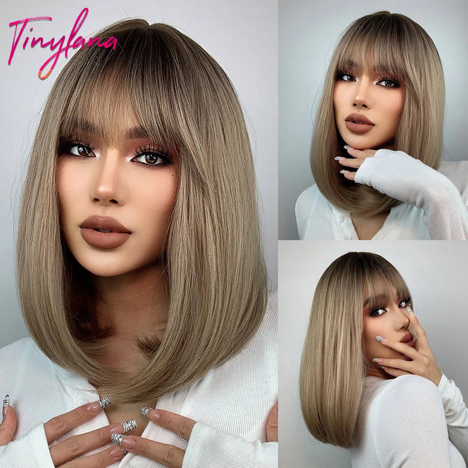 Perruque synthétique blanche, blonde et grise avec frange, coupe courte et lisse, idéale pour le cosplay et le quotidien. Cheveux naturels et résistants à la chaleur.