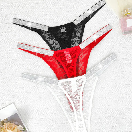 Lot de 3 strings sexy en dentelle pour femme, culottes fleuries transparentes, taille basse, deux ceintures brillantes, string confortable, lingerie intime