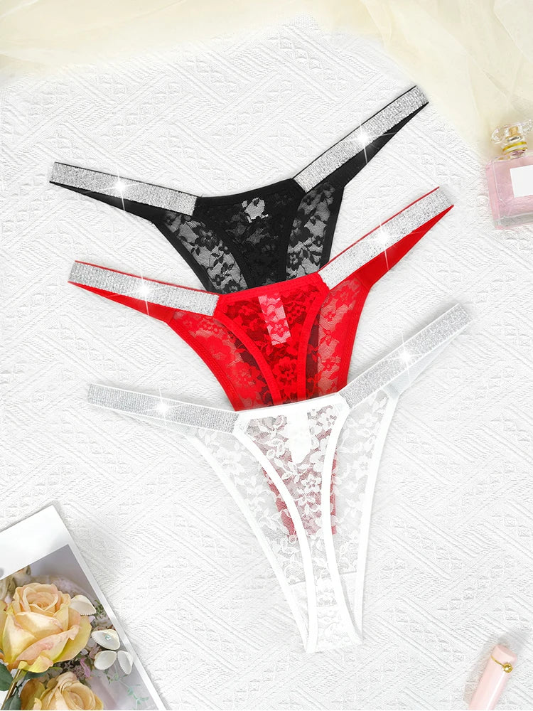 Lot de 3 strings sexy en dentelle pour femme, culottes fleuries transparentes, taille basse, deux ceintures brillantes, string confortable, lingerie intime