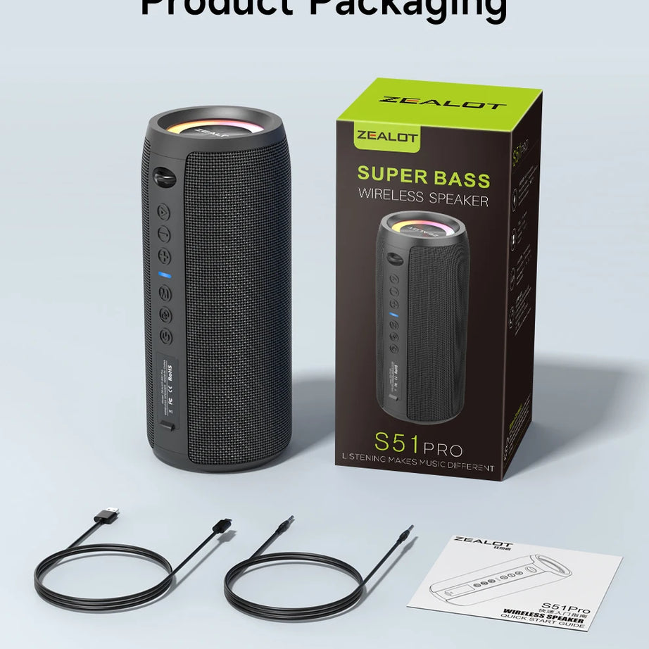Enceinte Bluetooth haute puissance ZEALOT-S51PRO 40 W, basses stéréo 3D, portable et étanche IPX5, compatible TWS.