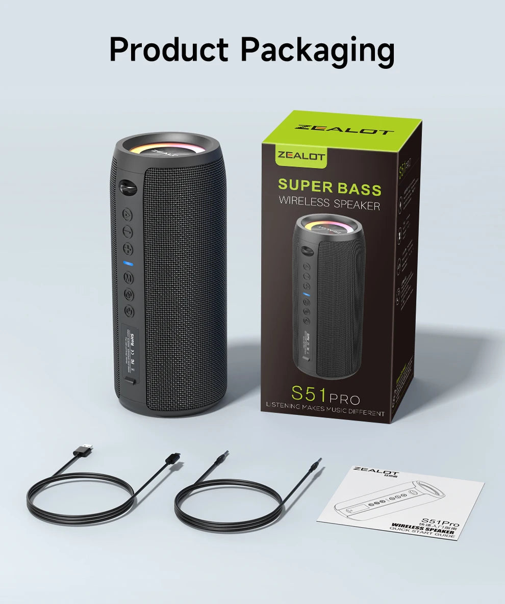 Enceinte Bluetooth haute puissance ZEALOT-S51PRO 40 W, basses stéréo 3D, portable et étanche IPX5, compatible TWS.