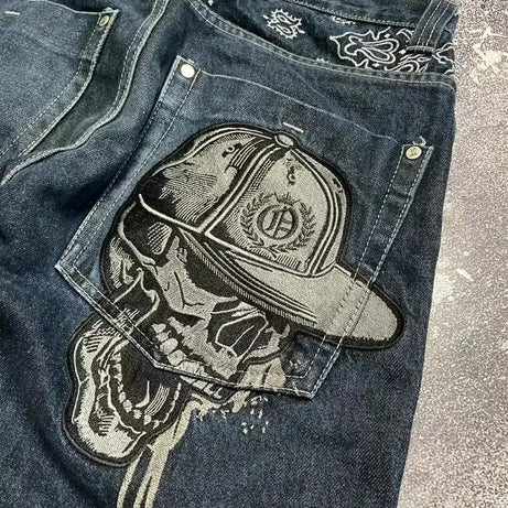 Jean tendance streetwear brodé de têtes de mort pour femme, style Harajuku Y2K, pantalon droit à jambes larges, style Joker, jean décontracté pour couple